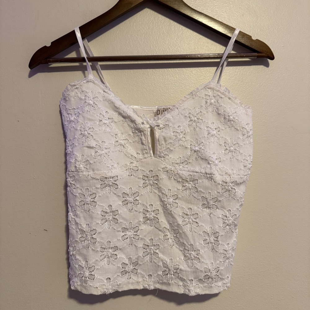 Vintage Women's White Floral Lace Cami Crop Top L Floral Boho Indie Dainty
